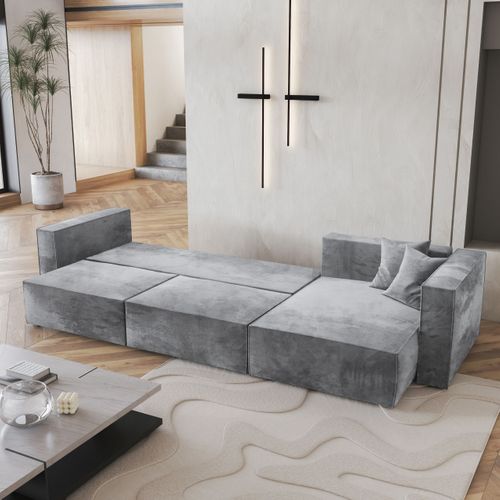 Canapé D'angle Tolmo Gris Clair En Velours Avec Fonction De Couchage