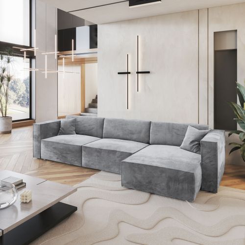 Canapé D'angle Tolmo Gris Clair En Velours Avec Fonction De Couchage