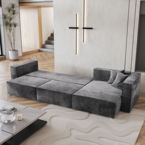 Canapé D'angle Tolmo Gris En Velours Avec Fonction De Couchage