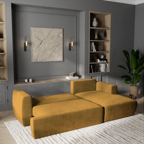 Canapé D'angle Senti Jaune En Peluche Avec Fonction De Couchage