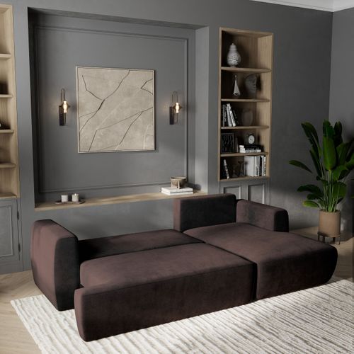 Canapé D'angle Senti Marron En Peluche Avec Fonction De Couchage