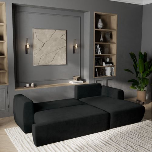 Canapé D'angle Senti Noir En Peluche Avec Fonction De Couchage