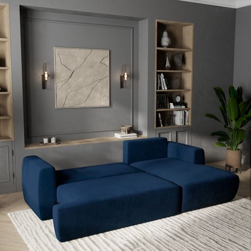 Canapé D'angle Senti Bleu En Peluche Avec Fonction De Couchage