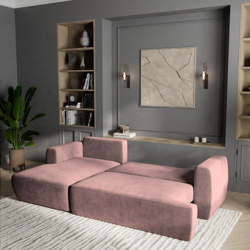 Canapé D'angle Senti Rose En Peluche Avec Fonction De Couchage