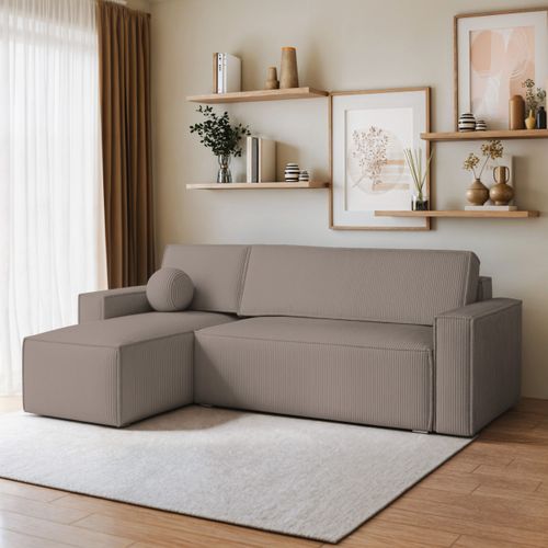 Canapé D'angle Ravelo Beige En Velours Côtelé Avec Fonction De Couchage