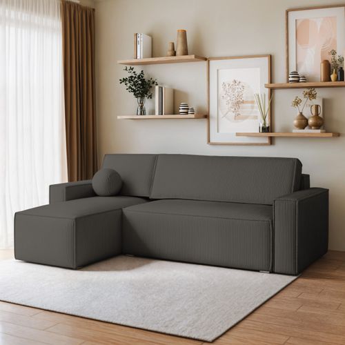 Canapé D'angle Ravelo Gris En Velours Côtelé Avec Fonction De Couchage