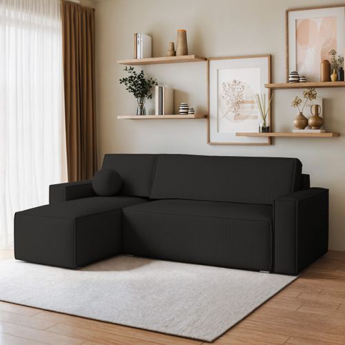Canapé D'angle Ravelo Noir En Velours Côtelé Avec Fonction De Couchage