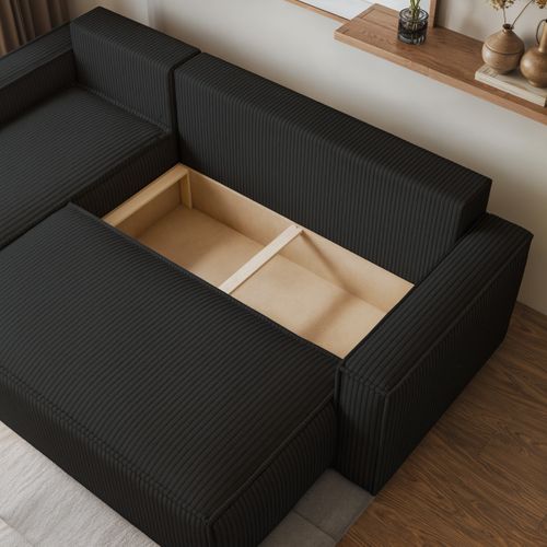 Canapé D'angle Ravelo Noir En Velours Côtelé Avec Fonction De Couchage