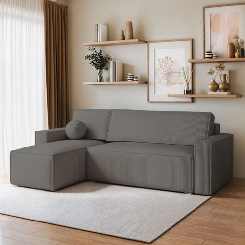 Canapé D'angle Ravelo Gris En Velours Côtelé Avec Fonction De Couchage