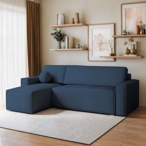 Canapé D'angle Ravelo Bleu En Velours Côtelé Avec Fonction De Couchage