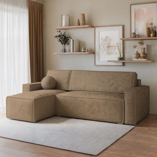 Canapé D'angle Ravelo Beige En Velours Avec Fonction De Couchage