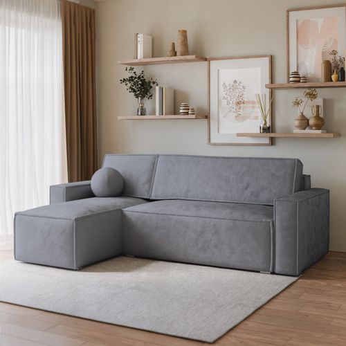 Canapé D'angle Ravelo Gris En Velours Avec Fonction De Couchage