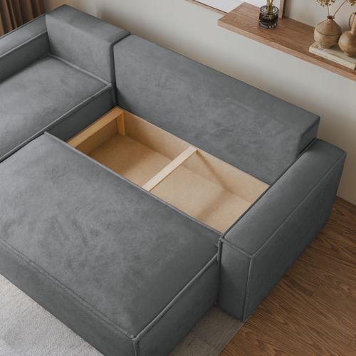 Canapé D'angle Ravelo Gris En Velours Avec Fonction De Couchage