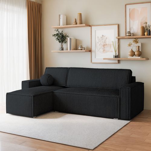 Canapé D'angle Ravelo Noir En Velours Côtelé Avec Fonction De Couchage
