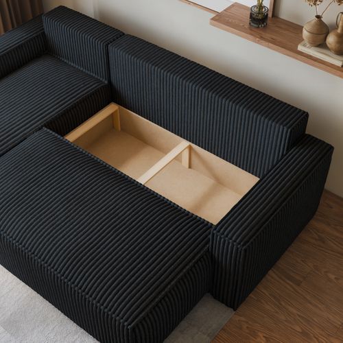 Canapé D'angle Ravelo Noir En Velours Côtelé Avec Fonction De Couchage