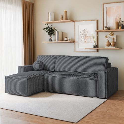 Canapé D'angle Ravelo Gris En Velours Côtelé Avec Fonction De Couchage
