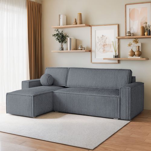 Canapé D'angle Ravelo Gris En Velours Côtelé Avec Fonction De Couchage