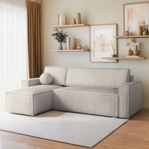 Canapé D'angle Ravelo Gris Clair En Velours Côtelé Avec Fonction De Couchage