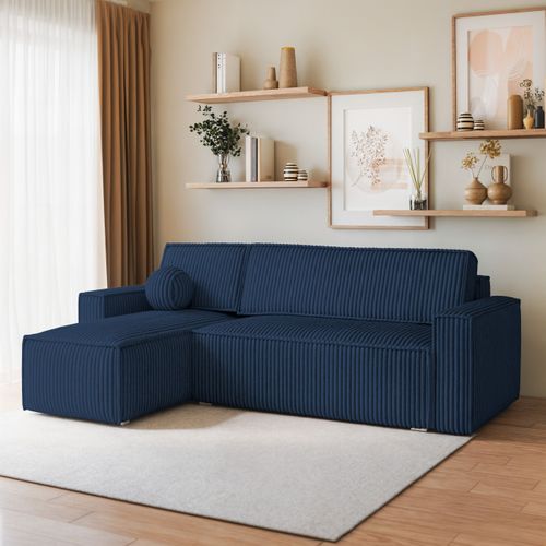 Canapé D'angle Ravelo Bleu En Velours Côtelé Avec Fonction De Couchage