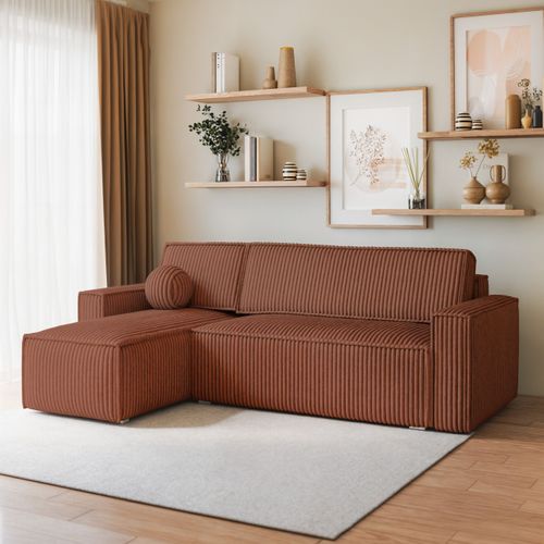 Canapé D'angle Ravelo Marron En Velours Côtelé Avec Fonction De Couchage