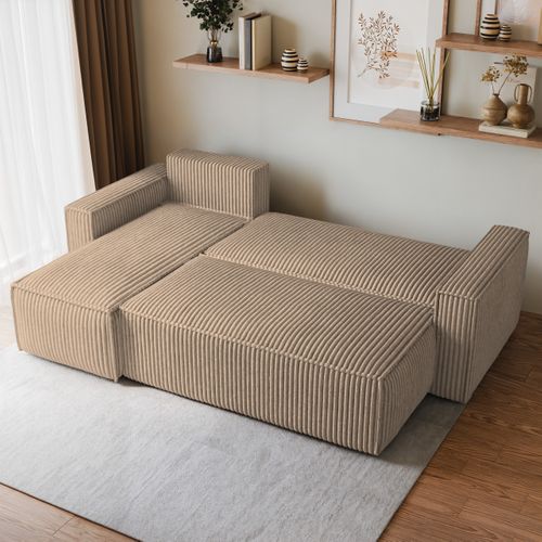 Canapé D'angle Ravelo Beige En Velours Côtelé Avec Fonction De Couchage