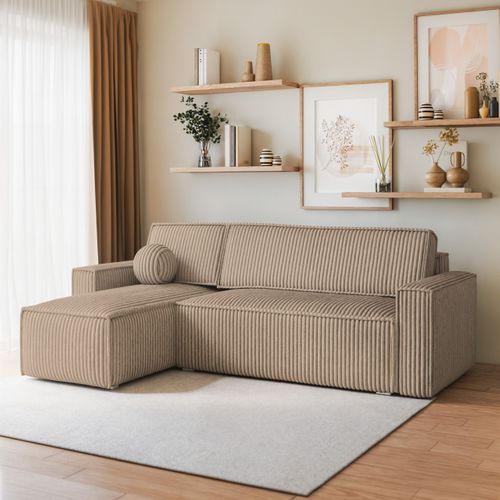 Canapé D'angle Ravelo Beige En Velours Côtelé Avec Fonction De Couchage