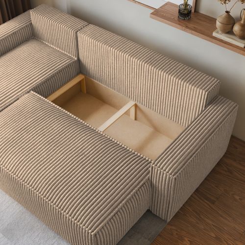 Canapé D'angle Ravelo Beige En Velours Côtelé Avec Fonction De Couchage