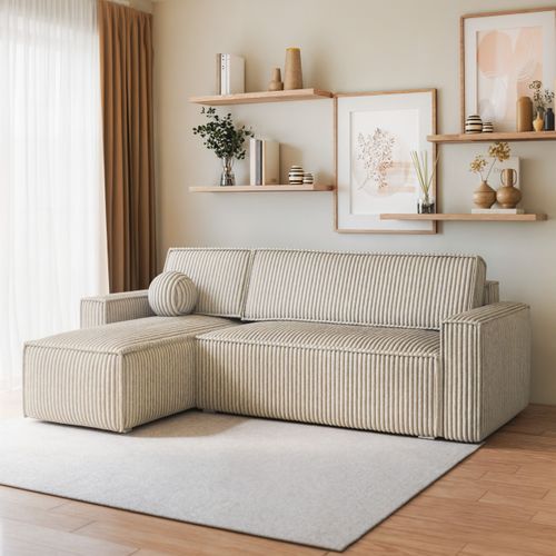 Canapé D'angle Ravelo Crème En Velours Côtelé Avec Fonction De Couchage