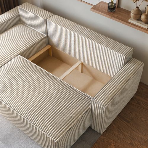 Canapé D'angle Ravelo Crème En Velours Côtelé Avec Fonction De Couchage