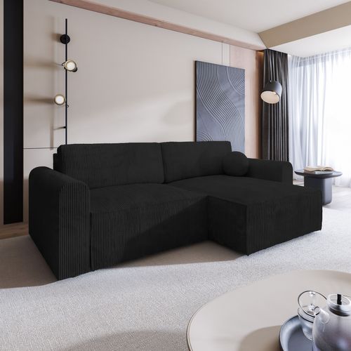 Canapé D'angle Fiano Noir En Velours Côtelé Avec Fonction De Couchage