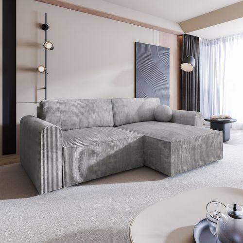 Canapé D'angle Fiano Gris Clair En Velours Côtelé Avec Fonction De Couchage