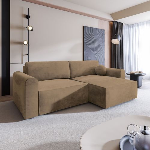 Canapé D'angle Fiano Beige En Velours Avec Fonction De Couchage
