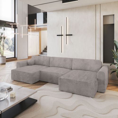 Canapé D'angle Fento Beige En Velours Côtelé Avec Fonction De Couchage