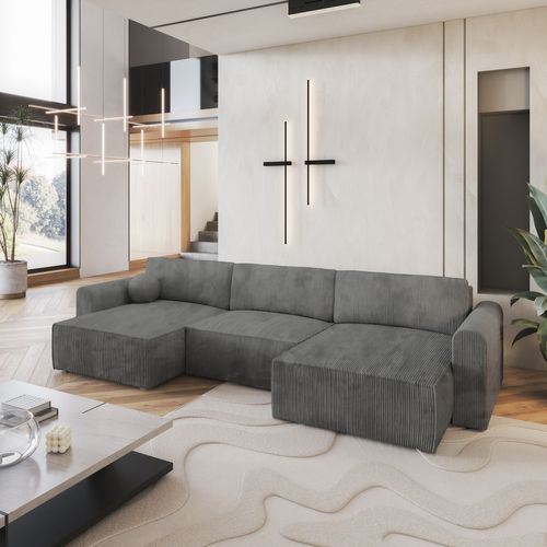 Canapé D'angle Fento Gris En Velours Côtelé Avec Fonction De Couchage