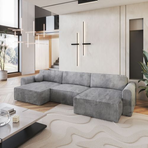 Canapé D'angle Fento Gris Clair En Velours Côtelé Avec Fonction De Couchage