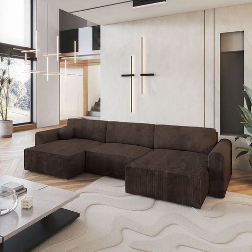 Canapé D'angle Fento Marron En Velours Côtelé Avec Fonction De Couchage