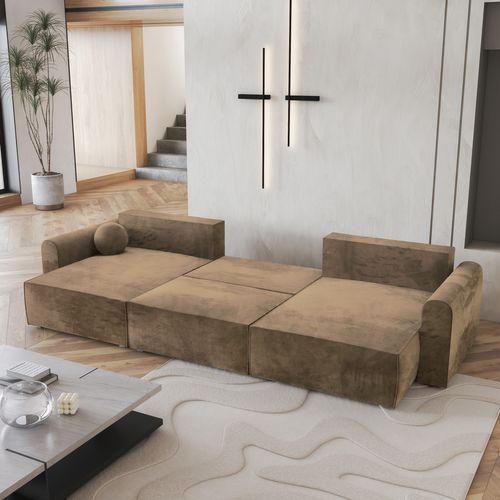 Canapé D'angle Fento Beige En Velours Avec Fonction De Couchage