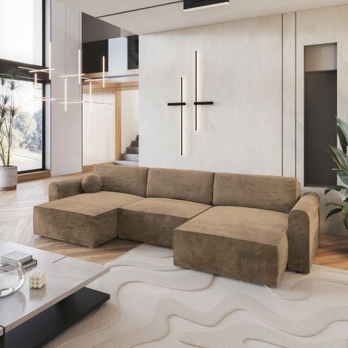 Canapé D'angle Fento Beige En Velours Avec Fonction De Couchage