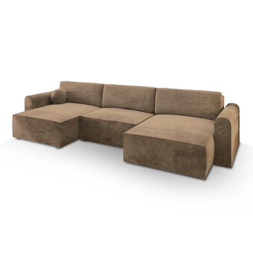 Canapé D'angle Fento Beige En Velours Avec Fonction De Couchage