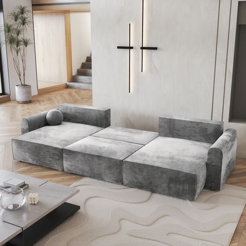 Canapé D'angle Fento Gris Clair En Velours Avec Fonction De Couchage
