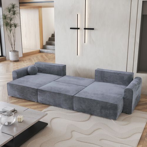 Canapé D'angle Fento Gris En Velours Avec Fonction De Couchage