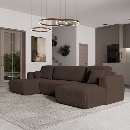 Canapé D'angle Sentum Marron En Velours Côtelé Avec Fonction De Couchage