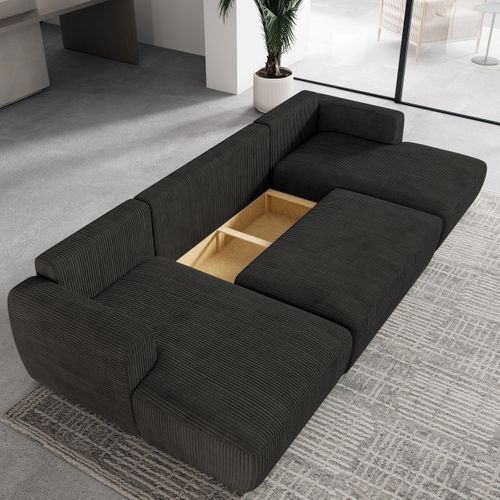 Canapé D'angle Sentum Noir En Velours Côtelé Avec Fonction De Couchage