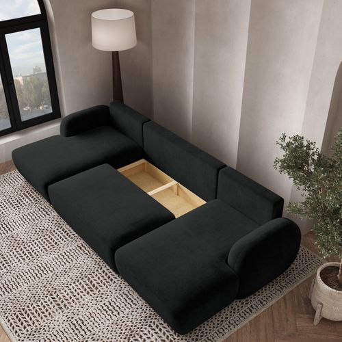 Canapé D'angle Savona Noir En Peluche Avec Fonction De Couchage