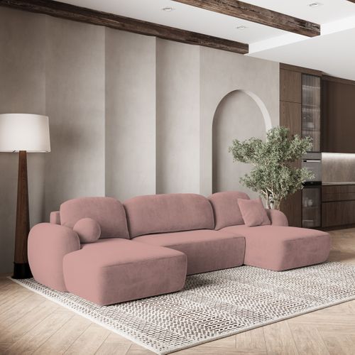 Canapé D'angle Savona Rose En Peluche Avec Fonction De Couchage