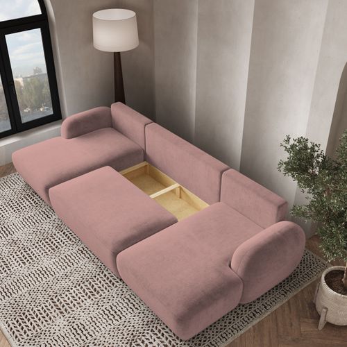 Canapé D'angle Savona Rose En Peluche Avec Fonction De Couchage