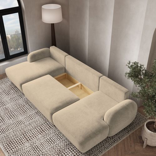 Canapé D'angle Savona Beige En Peluche Avec Fonction De Couchage