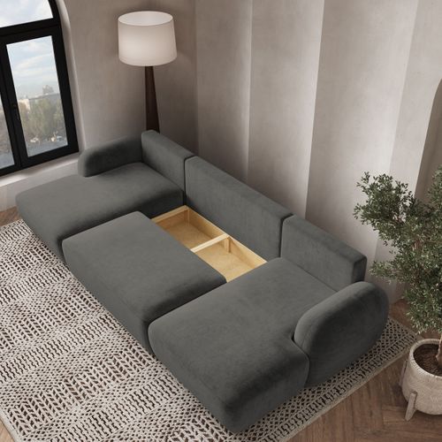 Canapé D'angle Savona Gris En Peluche Avec Fonction De Couchage