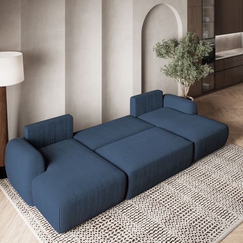 Canapé D'angle Savona Bleu En Velours Côtelé Avec Fonction De Couchage