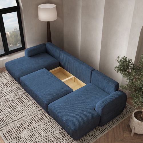 Canapé D'angle Savona Bleu En Velours Côtelé Avec Fonction De Couchage